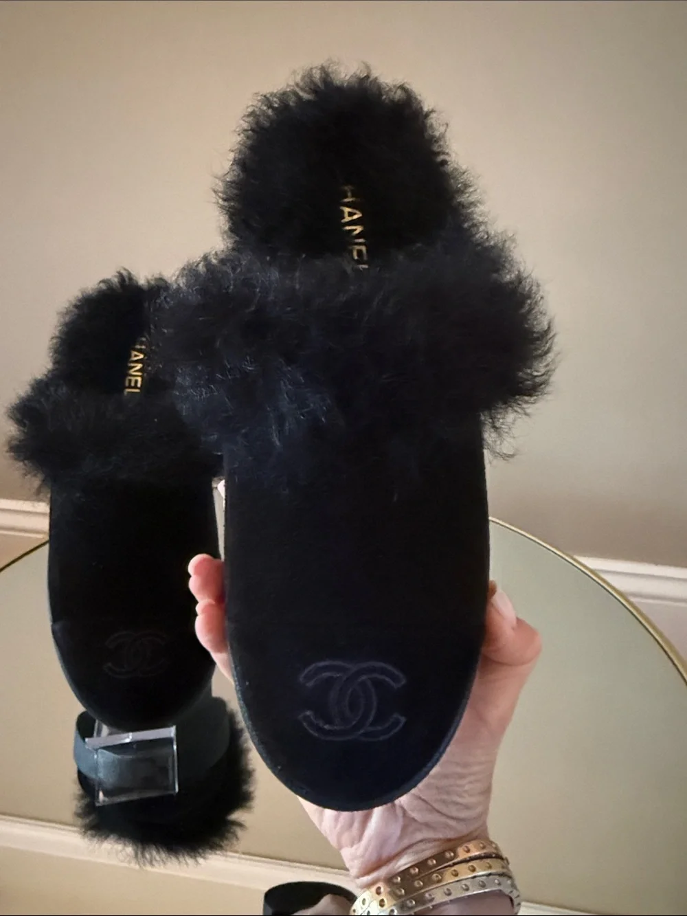 Chanel Black Suede Real Fur Shearling Clogs Mules Sz 40